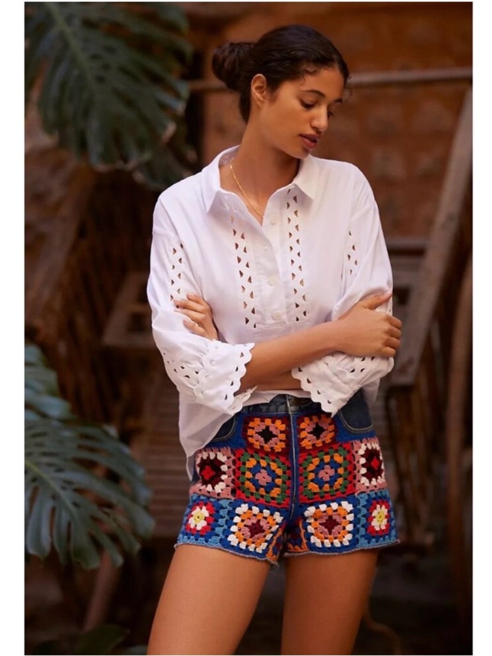 Farm Rio for Anthropologie Ultra High-Rise Crochet Denim Shorts size 29